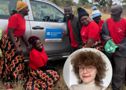 Zdjęcie uśmiechniętych kobiet i mężczyzn w Zimbabwe. W kółku zdjęcie autorki artykułu