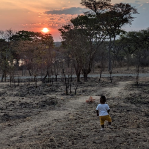 małe dziecko na tle pustynnego krajobrazu, zachód słońca w zimbabwe